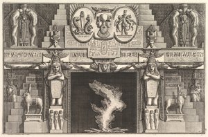 Skorsteinsstykke i egyptisk stil: Grupper på tre kvinnelige nakenbilder ved bunnen av hver j..., ca. 1769. av Giovanni Battista Piranesi