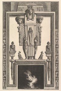 Skorsteinsstykke i egyptisk stil: Mumie lagt på en stor karyatid over linte..., 1769. av Giovanni Battista Piranesi
