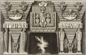 Peis i egyptisk stil: To mumier i profil til venstre og to figurer som bærer obelisker til høyre. av Giovanni Battista Piranesi