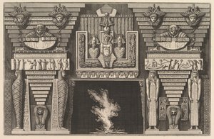 Skorsteinsstykke i egyptisk stil: To mumier i profil til venstre og to figurer..., ca. 1769. av Giovanni Battista Piranesi