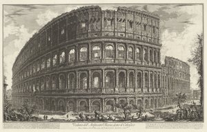 Colosseum te Roma Utsikt over det flaviske amfiteateret, kjent som Colosseum (tittel på objekt) Gezichten op Roma (serietittel) Utsikt over Roma tegnet og gravert av Giambattista Piranesi Ve(nez)iano arkitekt (serietittel) av Giovanni Battista Piranesi