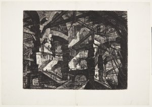 Komplekse grupper av sammenhengende ødelagte buer som støtter bjelker og tau av Giovanni Battista Piranesi