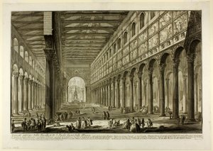 Utskåret utsikt over det indre av basilikaen S. Paolo fuori delle Mura [St. Paul utenfor murene], fra Views of Rome av Giovanni Battista Piranesi