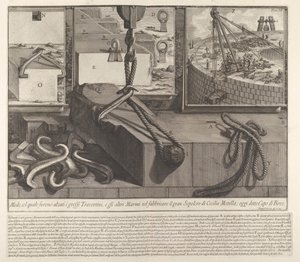 Demonstrationstafel zeigt Technik zum Heben von Travertin- und Marmorblöcken für den Bau..., 1756