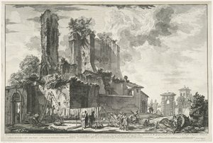 Fontana dell'Acqua Giulia te Rome Utsikt over restene av slottet, som tar en del av Acqua Giuli (...) (tittel på objekt) Gezichten op Roma (serietittel) Utsikt over Roma tegnet og gravert av Giambattista Piranesi-arkitekten Ve (nez)ian (s av Giovanni Battista Piranesi