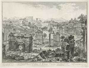 Forum Romanum te Roma Utsikt over Campo Vaccino (tittel på objekt) Gezichten op Roma (serietittel) Utsikt over Roma designet og gravert av Giambattista Piranesi-arkitekten Ve (nez) iano (serietittel) av Giovanni Battista Piranesi