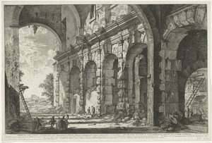 Fundering av de Santi Giovanni og Paolo te Roma Utsikt over øverste etasje av Serraglio delle Fiere bygget av Domitian for bruk av det flaviske amfiteateret og ofte kjent som Curia Ostilia (tittel på objekt) Gezichten op Roma (serietittel) Utsikt over R av Giovanni Battista Piranesi