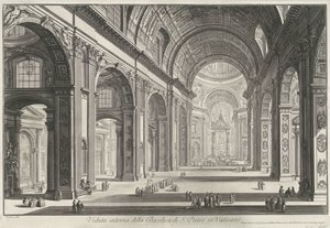 Interieur van de Sint-Pietersbasiliek te Vaticaanstad Innvendig utsikt over Peterskirken i Vatikanet (tittel på objekt) Gezichten op Roma (serietittel) Utsikt over Roma designet og gravert av Giambattista Piranesi-arkitekten Ve (nez) iano (serie ti av Giovanni Battista Piranesi