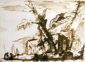 Italiensk landskap (penn og blekk på papir) av Giovanni Battista Piranesi