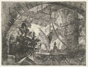 Fangehull med fanger på utstående plattform Dungeons (serietittel) Invenzioni Capric di Carceri all Acqua Forte (serietittel) av Giovanni Battista Piranesi
