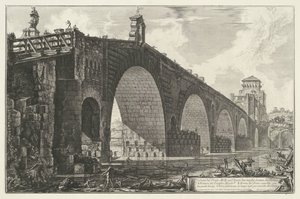 Milvische brug te Rome Veduta del Ponte Molle sul Tevere due miglia lontan da Roma (title on object) Gezichten op Rome (series title) Vedute di Roma disegnate ed incise da Giambattista Piranesi architetto Ve(nez)iano (series title)   1360546   no       nor av Giovanni Battista Piranesi