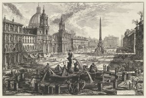 Piazza Navona te Roma Utsikt over Piazza Navona over ruinene av Agonal Circus (tittel på objekt) Gezichten op Roma (serietittel) Utsikt over Roma designet og gravert av Giambattista Piranesi-arkitekten Ve (nez) iano (serietittel) av Giovanni-Battista Piranesi