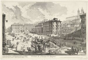 Piazza di Spagna te Roma Utsikt over Piazza di Spagna (tittel på objekt) Gezichten op Roma (serietittel) Utsikt over Roma tegnet og gravert av Giambattista Piranesi-arkitekten Ve(nez)iano (serietittel) av Giovanni Battista Piranesi
