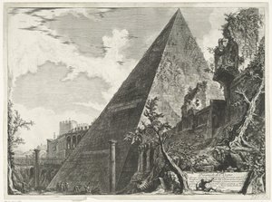 Piramide van Cestius i Roma Pyramide av C. Cestio (tittel på objekt) Gezichten op Roma (serietittel) Utsikt over Roma designet og gravert av Giambattista Piranesi-arkitekten Ve (nez) iano (serietittel) av Giovanni Battista Piranesi