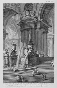 Plate LXV Arkitektonisk capriccio av en monumental gruppe søyler som støtter to buer av en storslått gårdsplass med praktfulle fontener ornamentert med statuer og basrelieffer datert 1743 fra Vedute, av Giovanni Battista Piranesi