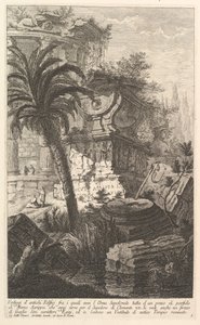 Rester av gamle bygningsverk, blant annet står gravurnen til Marcus Agrippa ma..., ca. 1750. av Giovanni Battista Piranesi