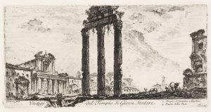 Ruinene av Temple of Jupiter Stator [Jupiter the Supporter]. 1. Antoninus og Faustinas tempel. 2. Fredens tempel, plate 10 fra noen utsikter over triumfbuer og andre monumenter av Giovanni Battista Piranesi