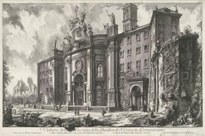 Santa Croce i Gerusalemme te Roma Utsikt over fasaden til basilikaen S. Croce i Gerusalemme (tittel på objekt) Gezichten op Roma (serietittel) Utsikt over Roma designet og gravert av Giambattista Piranesi-arkitekten Ve (nez) iano (serietittel) av Giovanni Battista Piranesi
