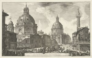 Santa Maria di Loreto en de Santissimo Nome di Maria te Roma Utsikt over de to kirkene (...) (tittel på objekt) Gezichten op Roma (serietittel) Utsikt over Roma designet og gravert av Giambattista Piranesi-arkitekten Ve (nez) iano (serietittel) av Giovanni Battista Piranesi