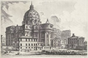 Sint-Pietersbasiliek vanaf Sakristiets plass Utsikt over utsiden av den store Peterskirken i Vatikanet (tittel på objekt) Gezichten op Roma (serietittel) Utsikt over Roma designet og gravert av Giambattista Piranesi-arkitekten Ve (nez) iano (ser) av Giovanni Battista Piranesi