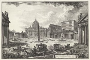 Sint-Pietersplein med de Sint-Pietersbasiliek te Vaticaanstad Utsikt over det store torget og Peterskirken (...) (tittel på objekt) Gezichten op Roma (serietittel) Utsikt over Roma designet og gravert av Giambattista Piranesi-arkitekten Ve (nez) iano (s av Giovanni Battista Piranesi