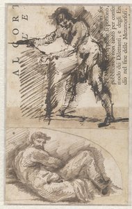 Studie av en stående mannlig figur som måler opp en sokkel (a). Studie etter Michelangelos Il Giorno (b) av Giovanni Battista Piranesi