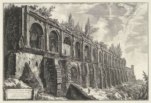 Tempel van Hercules Victor t og Tivoli Rester av Villa di Mecenate i Tivoli, bygget av travertiner av usikkert arbeid (tittel på objekt) Gezichten op Roma (serietittel) Utsikt over Roma designet og gravert av Giambattista Piranesi-arkitekten Ve (nez) iano  av Giovanni Battista Piranesi