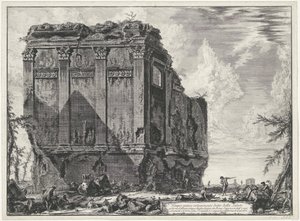Tempel van Salus bij Roma Gamle tempel ofte kjent som della Salute på Via d'Albano, fem mil unna Rom (...) (tittel på objekt) Gezichten op Roma (serietittel) Utsikt over Roma tegnet og gravert av Giambattista Piranesi arkitekt Ve(nez av Giovanni Battista Piranesi
