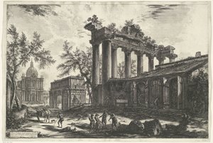Tempel van Saturnus te Roma En annen utsikt over restene av Pronaos av Temple of Concordia (tittel på objekt) Gezichten op Roma (serietittel) Utsikt over Roma designet og gravert av Giambattista Piranesi-arkitekten Ve (nez) iano (serietittel) av Giovanni Battista Piranesi