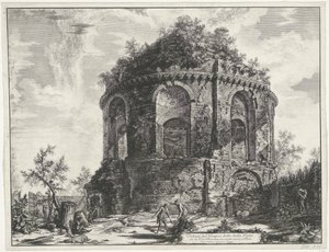 Hostetempel ved Tivoli Utsikt over tempelet, kalt della Tosse på Via Tiburtina, en kilometer nær Tivoli (tittel på objekt) Gezichten op Roma (serietittel) Utsikt over Roma designet og gravert av Giambattista Piranesi-arkitekten Ve (nez) iano (seri) av Giovanni Battista Piranesi