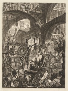 The Prisons: An Architectural Medly, med en mann på steinen i forgrunnen av Giovanni Battista Piranesi