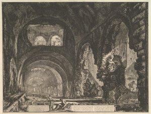 Die sogenannte Villa des Maecenas in Tivoli. Innenansicht mit zwei Figuren in der Öffnung von..., ca. 1764