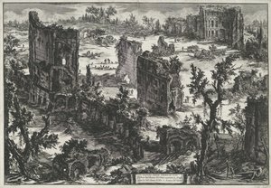 Thermen van Trajanus te Roma Utsikt over meisebadene (...) (tittel på objekt) Gezichten op Roma (serietittel) Utsikt over Roma designet og gravert av Giambattista Piranesi-arkitekten Ve (nez) iano (serietittel) av Giovanni Battista Piranesi