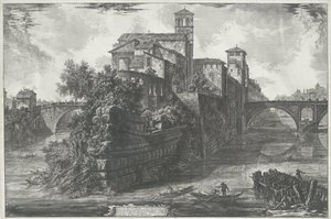 Tibereiland te Roma Utsikt over Tiberøya (tittel på objekt) Gezichten op Roma (serietittel) Utsikt over Roma tegnet og gravert av Giambattista Piranesi-arkitekten Ve(nez)iano (serietittel) av Giovanni Battista Piranesi