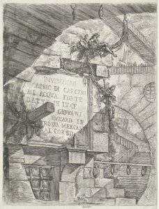 Titteltrykk med ansikt i fangehull og tittel på vegg Dungeons (serietittel) Invenzioni Capric di Carceri all Acqua Forte (serietittel på objekt) av Giovanni Battista Piranesi