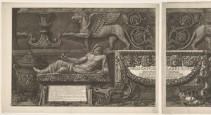 Titteltrykk med skulpturer, utskårne relieffer og en sarkofag med tittel Vaser, lysestaker, gravsteiner, sarkofager, stativer, lamper og ornamenter designet og gravert av Giovanni Battista Piranesi (serietittel) Vasi, candelabri, cippi, sarcofagi av Giovanni Battista Piranesi