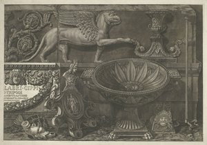 Titelblatt mit Skulpturen, Reliefs und einem Sarkophag (rechter Teil) von Giovanni-Battista Piranesi