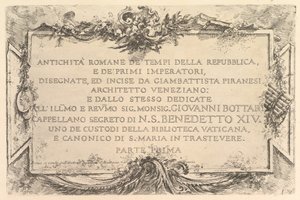 Tittelside: Romersk antikk fra republikkens tid og de første keisere Antich..., ca. 1748. av Giovanni Battista Piranesi