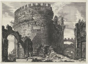 Tombe van Caecilia Metella te Roma Graven til Cecilia Metell (...) (tittel på objekt) Gezichten op Roma (serietittel) Utsikt over Roma designet og gravert av Giambattista Piranesi-arkitekten Ve (nez) iano (serietittel) av Giovanni Battista Piranesi