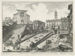Trappen til Piazza del Campidoglio en de Santa Maria i Aracoeli te Roma Utsikt over den romerske Campidoglio med trapp som fører til Araceli-kirken (tittel på objekt) Gezichten op Roma (serietittel) Utsikt over Roma designet og gravert av Giambattista Pira av Giovanni-Battista Piranesi