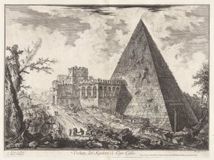 Veduta del Sepolcro di Cajo Cestio (Utsikt over pyramidegraven til Caius Cestius [med Porta S. Paolo til venstre]), fra Vedute di Roma (Utsikt over Roma) av Giovanni Battista Piranesi