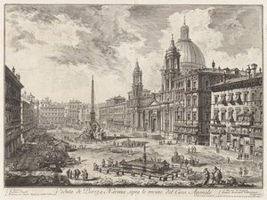Utsikt over Piazza Navona over ruinene av Circus Agonalis (Utsikt over Piazza Navona over ruinene av Domitians sirkus), fra Vedute di Roma (Utsikter over Roma) av Giovanni Battista Piranesi
