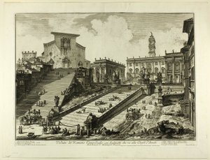 Utsikt over Capitoline Hill med trinnene til kirken S. Maria i Aracoeli, fra utsikt over Roma av Giovanni Battista Piranesi