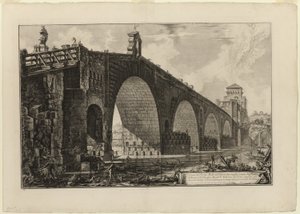 Utsikt over Ponte Molle [eller Milvian Bridge] over Tiberen to mil utenfor Roma, fra utsikt over Roma av Giovanni-Battista Piranesi