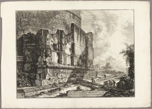 Utsikt over restene av Plautii-graven på Via Tiburtina, nær Ponte Lugano, to mil unna Tivoli, fra utsikt over Roma av Giovanni Battista Piranesi