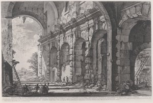 Utsikt over den øvre etasjen i Cages for Wild Animals bygget av keiser Domitian, assosiert med det flaviske amfiteateret og ofte kalt Curia Hostilia, ca. 1760-1778 (radering) av Giovanni Battista Piranesi
