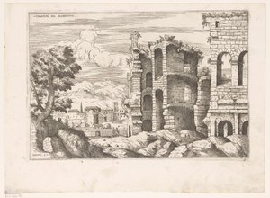 Utsikt over Colosseum og omgivelsene i Roma Colosseum ro prospekt (tittel på objekt) Romerske ruiner (serietittel) Noen viktige monumenter fra den romerske antikken (...) (serietittel)