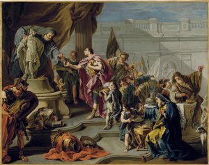 Afrikaneren Scipion (Publius Cornelius Scipio Africanus) (235-183 f.Kr.) hyller guden Mars (Scipio hyller Mars) - Maleri av Giovan Battista Pittoni (1687-1767), olje på lerret (71,7x91,1 cm) - Privat samling
