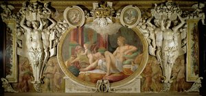 Danae, detalj av dekorativt oppsett i Gallery of Francis I, 1530-40 fresco av Giovanni Battista Rosso Fiorentino