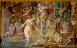 School of Fontainebleau: Venus ved fontenen. Maleri av Giovanni Battista av Jacopo Rosso (1494-1541)